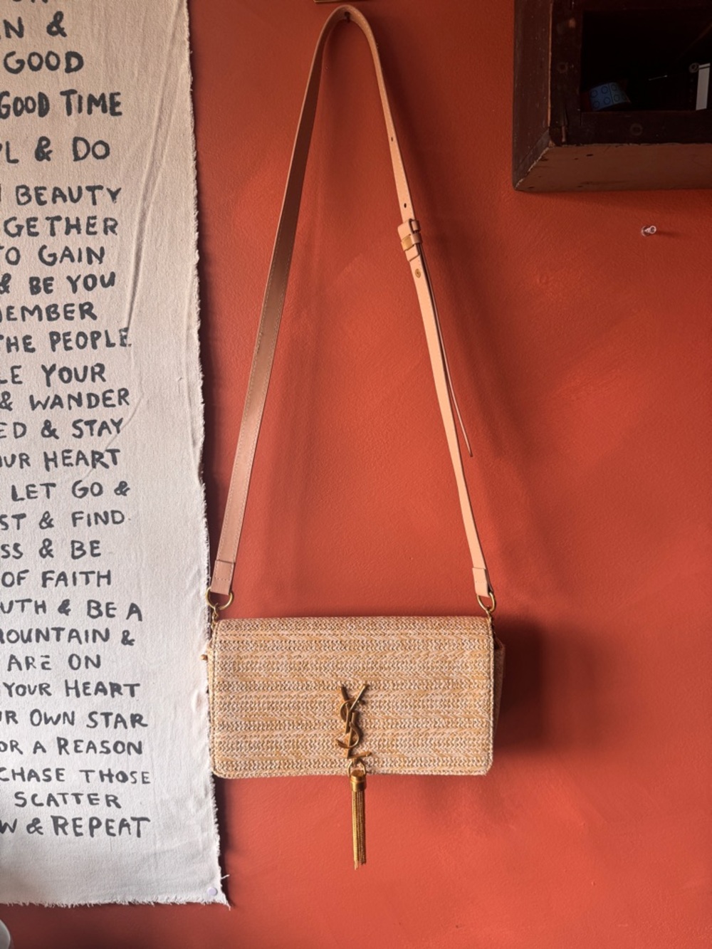 Saint Laurent Raffia Crossbody Bag with Gold Tassel and Beige Leather Strap